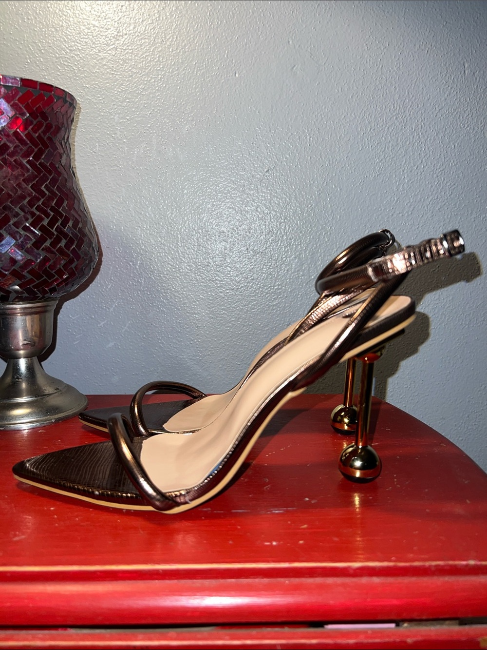 SHEIN Glitzy Metallic Bronze Strappy Heels with Gold Sculptural Ball Heel - Picture 4 of 8